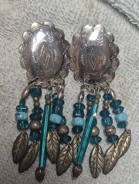 Vintage Southwestern Beaded Fringe Concho Dangle Earrings Teal Faux Turquoise